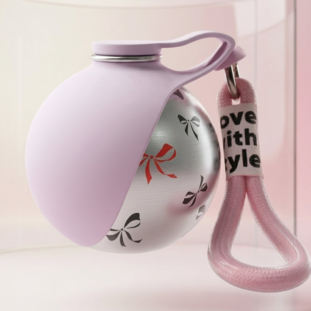 Dog drinking from the pink Epockai Orb water bottle on a walk
