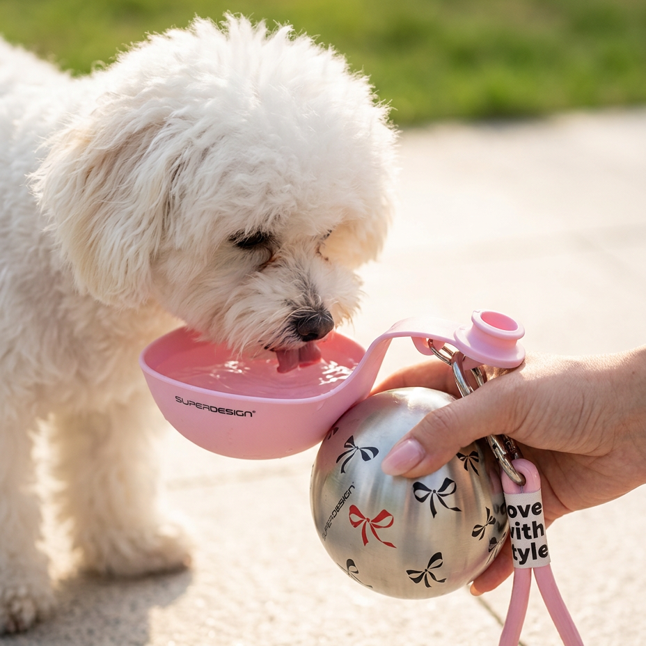 Dog drinking from the pink Epockai Orb water bottle on a walk